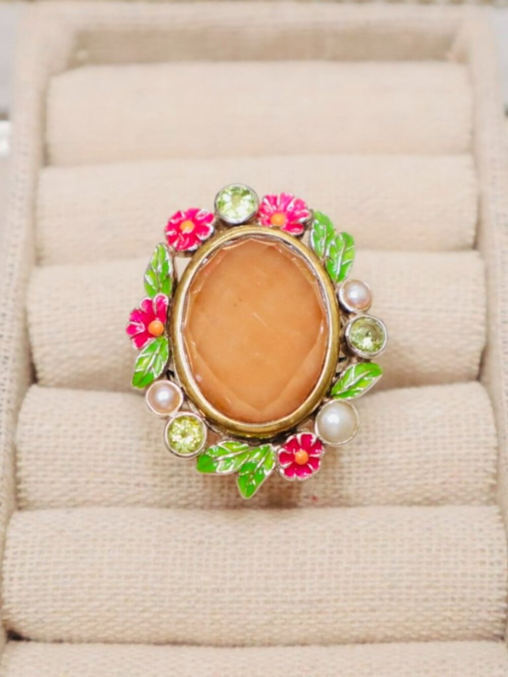 Echo of the Dreamer Sterling Silver Peach Moonstone Peridot Floral Ring Sz 8